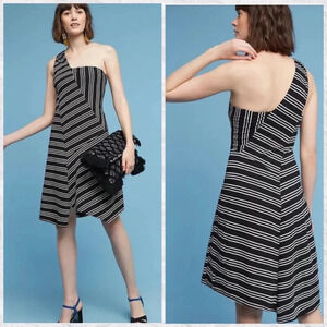 Anthropologie Maeve Moka Striped One Shoulder Dress - small